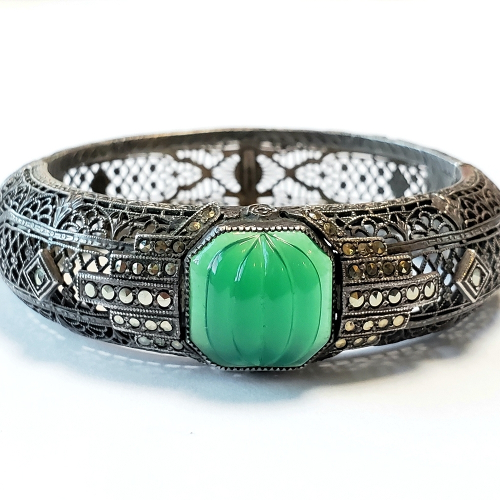 Art Deco Bracelet Antique Sterling & Chrysoprase Bangle Bracelet Helgen Mfg. Co.